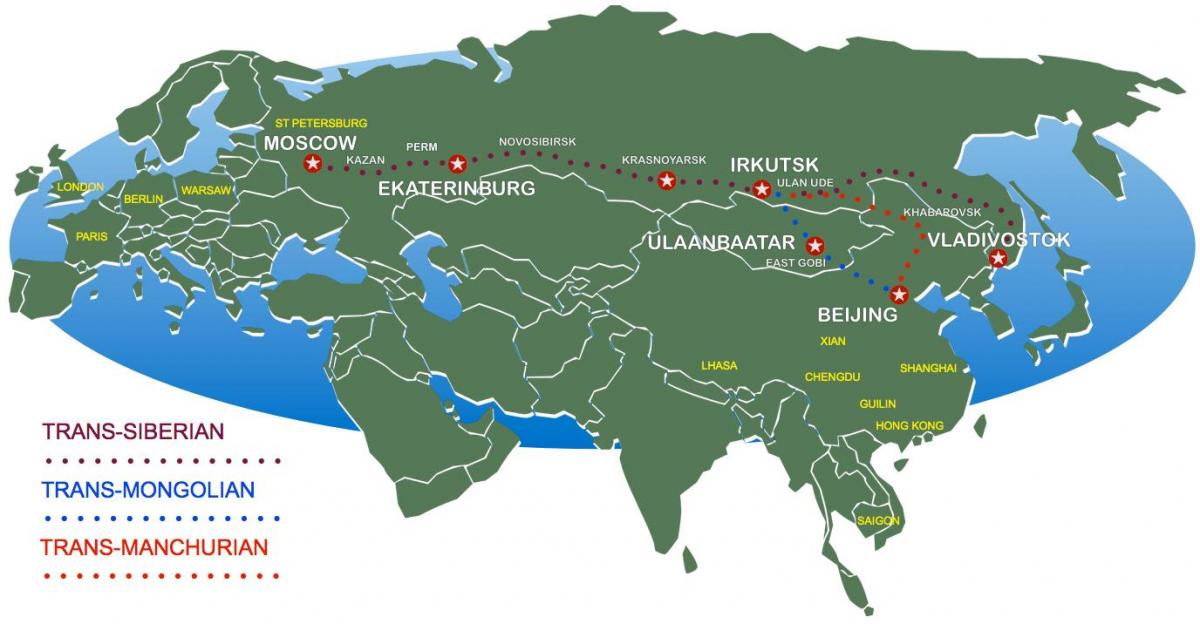 地图上的莫斯科到符拉迪沃斯托克的火车路线